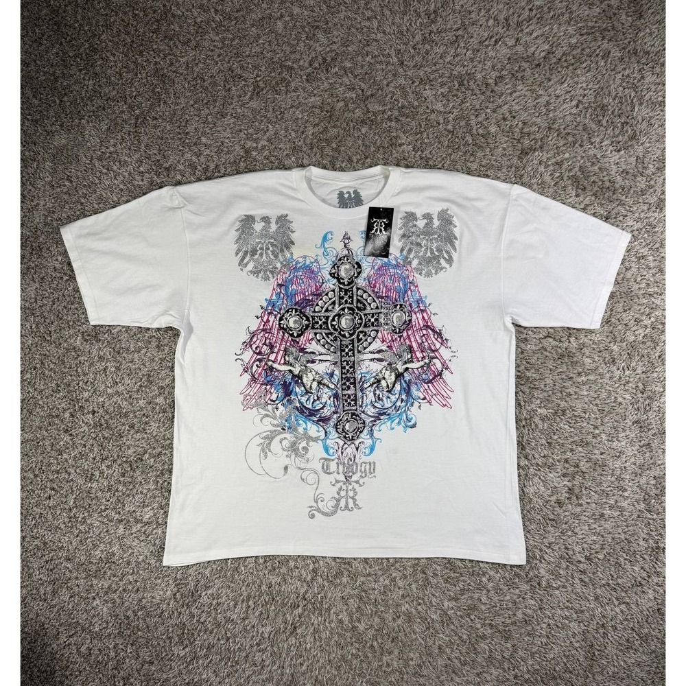 Trilogy Y2K Cross Graphic Tee XXL White Glitter Angel Wings 00s Streetwear USA